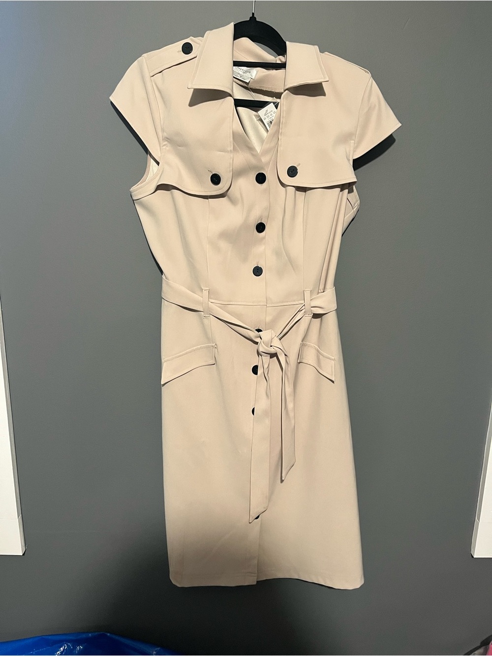 Sleeveless Belted Shirt Dress in Light Beige